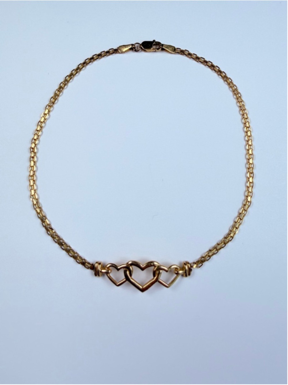 14K Solid Yellow Gold Triple Open Heart Trinity Paloma Chain Link VTG Anklet
